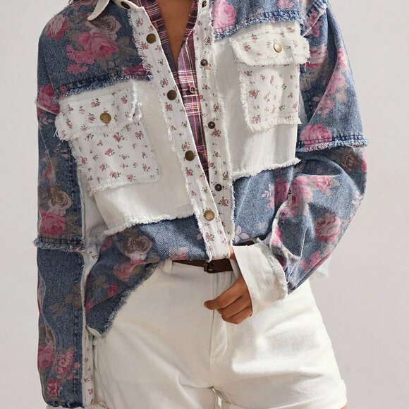 Multicolor Boho Women's Woven Patchwork Long Sleeve Loose Regular Jacket - Picture 5 of 7